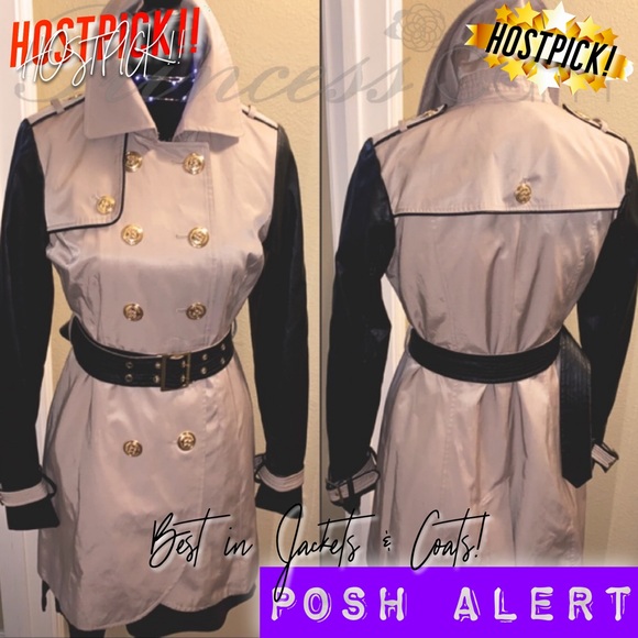 πSteve Madden Black Leather & Taupe Trench Coat - Picture 3 of 8